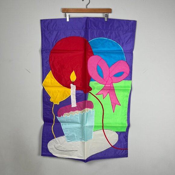 Vintage Birthday Cake Candle Ballons Present Large Garden Flag 41" X 27.5" - Picture 1 of 5